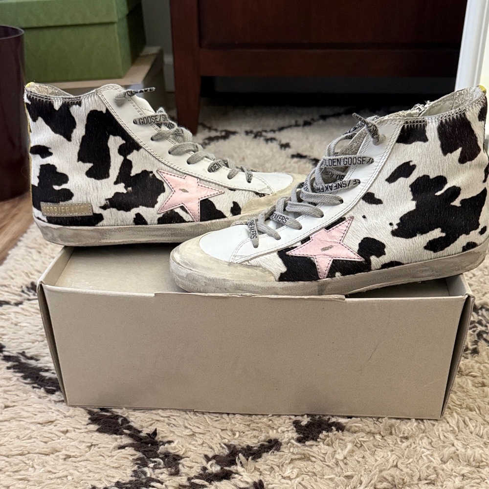 Golden Goose Women's Black and White Cow Print Sneakers with Pink Star